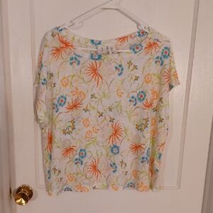 Joie Floral Print Blouse - White, Orange, Blue 100 Percent Linen